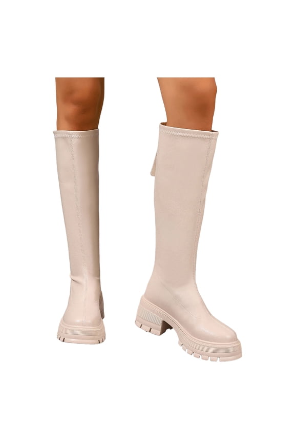 Platform Knee High Boots for Women Fall Winter Fashion Leather Back Zipper Lug Sole Chunky Heeled Mid Calf Tall Dress Boots Beige Size 6