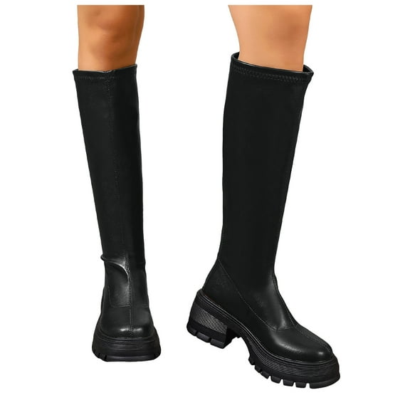 Rokment Platform Knee High Boots for Women Fall Winter Fashion Leather Back Zipper Lug Sole Chunky Heeled Mid Calf Tall Dress Boots Black Size 8