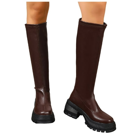 Rokment Platform Knee High Boots for Women Fall Winter Fashion Leather Back Zipper Lug Sole Chunky Heeled Mid Calf Tall Dress Boots Brown Size 6.5