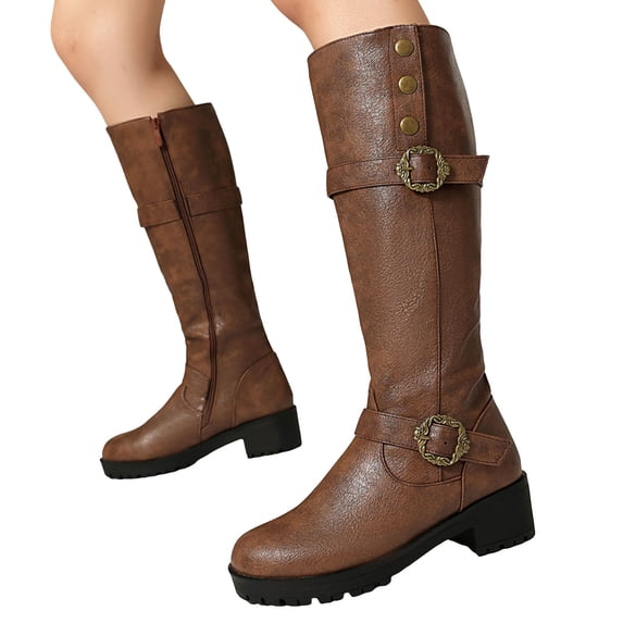 Rokment Platform Knee High Motorcycle Riding Boots for Women Vintage Fashion Studded Buckles Leather Chunky Mid Heel Wide Calf Long Tall Dress Combat Boots Brown Size 9