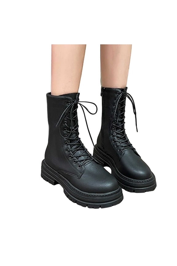 Platform Mid Calf Combat Boots for Women Fall Winter Classic Fashion Leather Lace up Lug Sole Chunky Heel Short Riding Chukka Booties Black Size 8