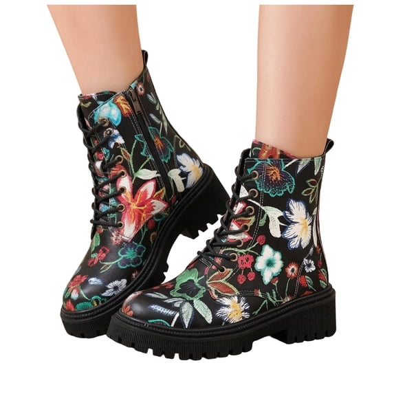Rokment Platform Mid Calf Combat Boots for Women Fashion Flower Butterfly Print Leather Lace up Chunky Block Heels Comfortable Dress Ankle Booties