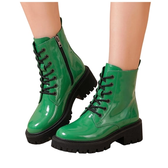 Rokment Platform Mid Calf Combat Boots for Women Fashion Leather Lace up Chunky Block Heels Comfortable Dress Ankle Booties Green
