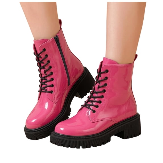 Rokment Platform Mid Calf Combat Boots for Women Fashion Leather Lace up Chunky Block Heels Comfortable Dress Ankle Booties Pink