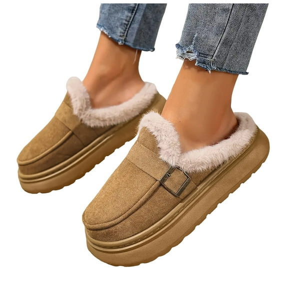Rokment Platform Mules Slippers for Women Indoor and Outdoor Fashion Casual Suede Buckles Fleece Lined Fuzzy Wide Width Memory Foam Snow Boots Slip-On Backless Ankle Booties AG Size 9