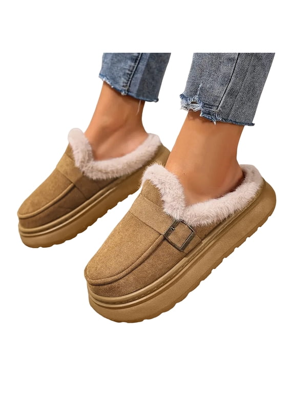 Platform Mules Slippers for Women Indoor and Outdoor Fashion Casual Suede Buckles Fleece Lined Fuzzy Wide Width Memory Foam Snow Boots Slip-On Backless Ankle Booties AG Size 9