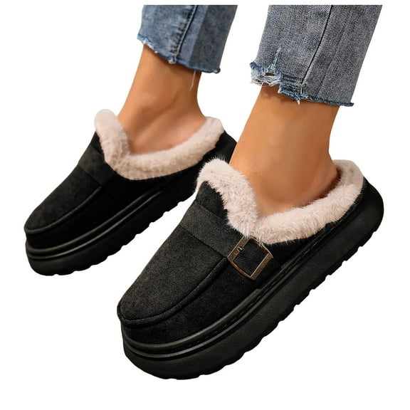 Rokment Platform Mules Slippers for Women Indoor and Outdoor Fashion Casual Suede Buckles Fleece Lined Fuzzy Wide Width Memory Foam Snow Boots Slip-On Backless Ankle Booties Black Size 9