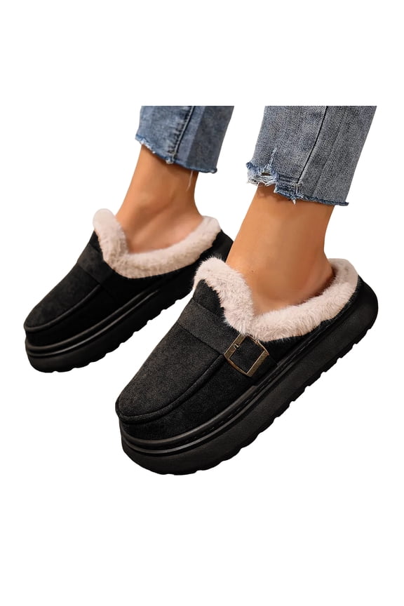 Platform Mules Slippers for Women Indoor and Outdoor Fashion Casual Suede Buckles Fleece Lined Fuzzy Wide Width Memory Foam Snow Boots Slip-On Backless Ankle Booties Black Size 9