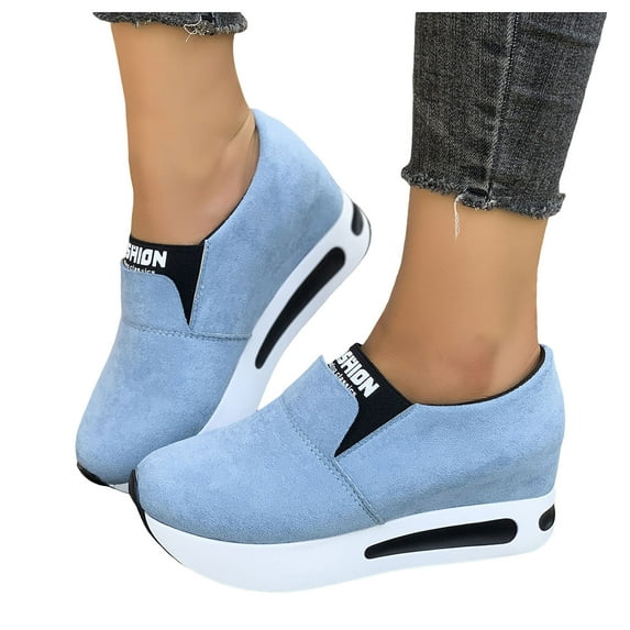 Rokment Platform Walking Shoes for Women 2026 Spring Fall Fashion Casual Suede Chunky Footbed Mid Heels Slip on Nursing Non-Slip Work Loafers Orthopedic Driving Sneakers Light Blue Size 8