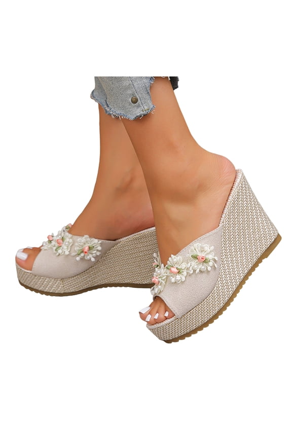 Platform Wedge Dressy Sandals for Women Bride Wedding Elegant Lace Flower Boho Beach Open Peep Toe Espadrilles Chunky High Heels Slip on Ladies Summer Dress Slides Slippers Beige Size 6.5