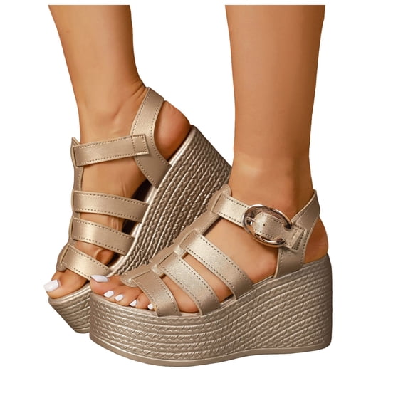 Rokment Platform Wedge Gladiator Dressy Sandals for Women Vintage Roman Leather Open Toe Ankle Strap Chunky High Heels Fashion Casual Comfortable Walking Summer Beach Dress Shoes Gold Size 7