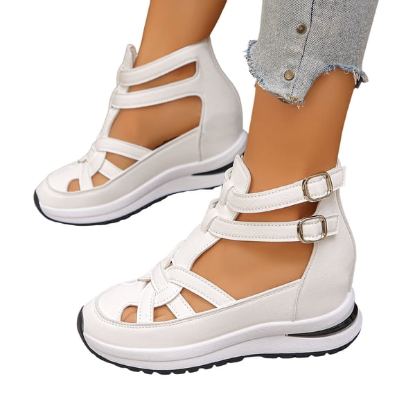 Rokment Platform Wedge Gladiator Sandals for Women Vintage Casual Leather Closed Toe Chunky Height Increasing Comfortable Non Slip Walking Work Sneakers Summer Shoes White Size 9