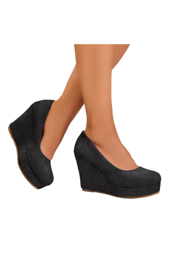 Platform Wedge High Heels Dressy Shoes for Women 2026 Spring Fall Fashion Casual Solid Color Suede Pointed Closed Toe Chunky Heeled Slip on Dress Pumps Business Office Footwear Black Size 6