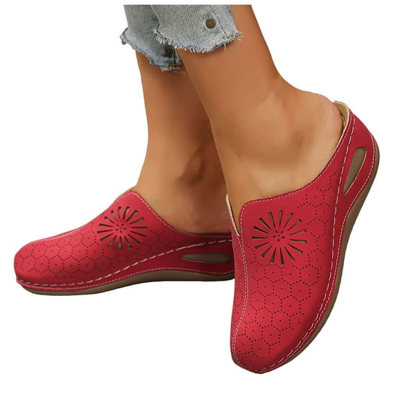 Rokment Platform Wedge Orthopedic Clogs and Mules Walking Slides Sandals for Women Comfortable Hollow out Floral Leather Arch Support Non Slip Work Nursing Backless Slip on Red Size 6.5
