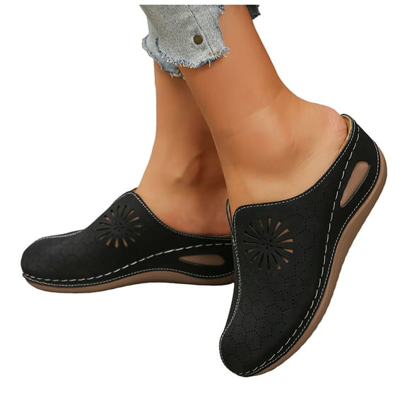 Rokment Platform Wedge Orthopedic Clogs and Mules Walking Slides Sandals for Women Comfortable Hollow out Floral Leather Arch Support Non Slip Work Nursing Backless Slip on Black Size 6.5