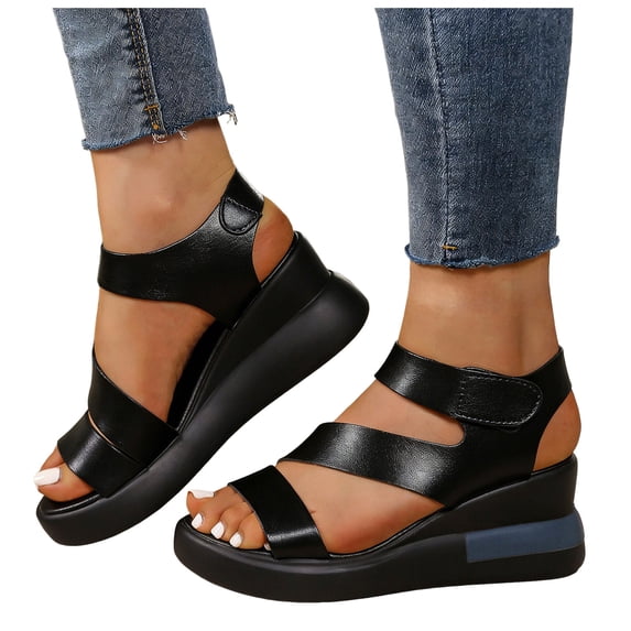 Rokment Platform Wedge Sandals for Women 2026 Summer Trendy Casual Leather Open Toe Adjustable Ankle Strap Chunky High Heels Comfortable Walking Dressy Shoes Black Size 6.5