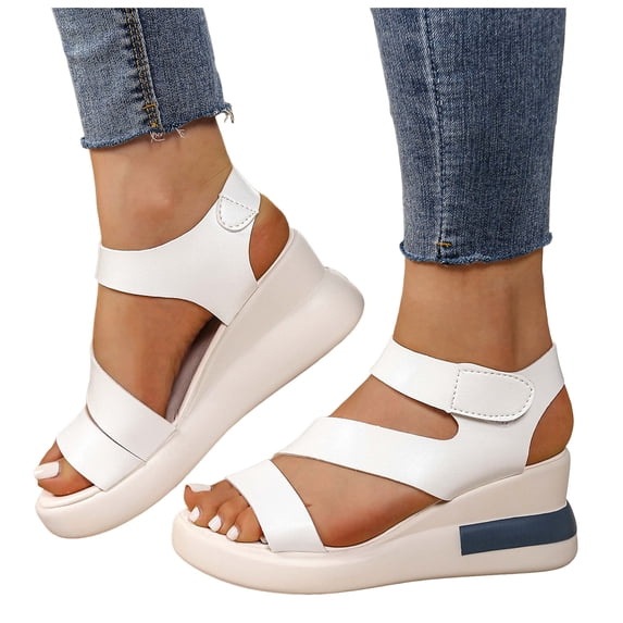 Rokment Platform Wedge Sandals for Women 2026 Summer Trendy Casual Leather Open Toe Adjustable Ankle Strap Chunky High Heels Comfortable Walking Dressy Shoes White Size 6.5
