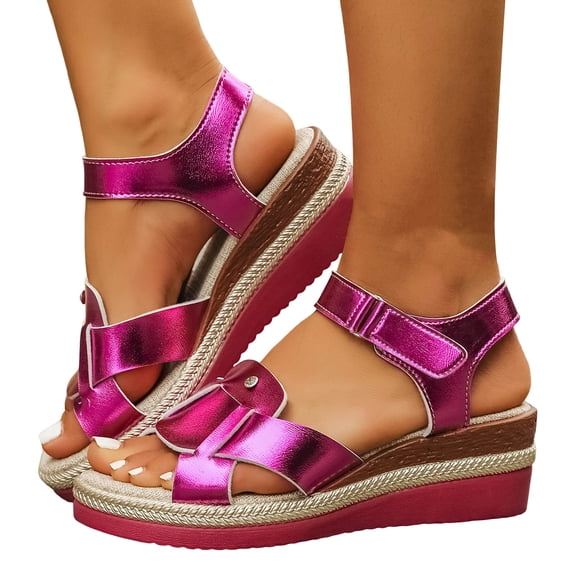 Rokment Platform Wedge Sandals for Women Boho Beach Vintage Casual Leather Linen Sole Espadrilles Chunky High Heel Dress Summer Shoes Hot Pink Size 6