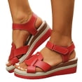 thumbnail image 1 of Rokment Platform Wedge Sandals for Women Boho Beach Vintage Casual Leather Linen Sole Espadrilles Chunky High Heel Dress Summer Shoes Red Size 7, 1 of 7