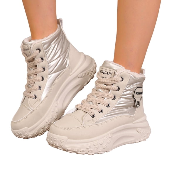 Rokment Platform Wedge Snow Boots for Women Fashion Casual Fleece Lined Winter Warm Chunky Fashion Sneakers Non Slip Work Ankle Booties Khaki Size 7