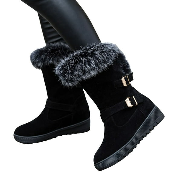 Rokment Platform Wedge Winter Snow Boots for Women 2025 Fashion Buckles Fuzzy Plush Lined Warm Suede Low Heel Mid Calf Tall Dress Boots Black Size 6.5