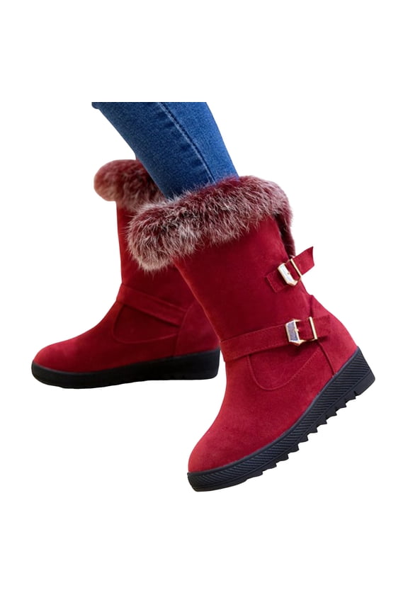 Platform Wedge Winter Snow Boots for Women 2025 Fashion Buckles Fuzzy Plush Lined Warm Suede Low Heel Mid Calf Tall Dress Boots Red Size 6