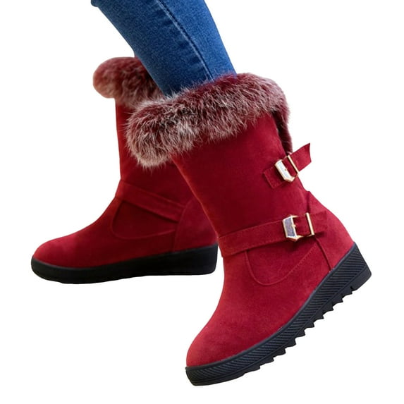 Rokment Platform Wedge Winter Snow Boots for Women 2025 Fashion Buckles Fuzzy Plush Lined Warm Suede Low Heel Mid Calf Tall Dress Boots Red Size 8