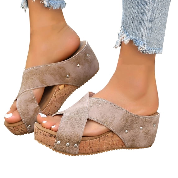 Rokment Platform Wedges Dress Slides Sandals for Women 2026 Fashion Comfortable Leather Crooss-Band Chunky High Heels Slip-On Beach Lightweight Casual Walking Slippers Shoes Beige Size 6