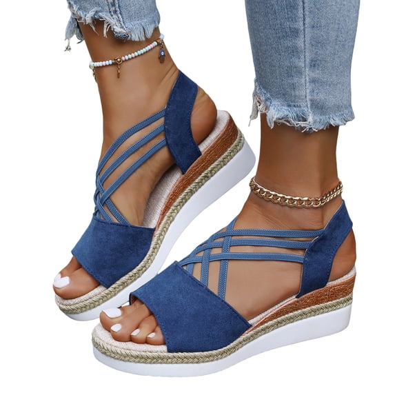 Rokment Platform Wedges Strappy Dress Sandals for Women 2026 Beach Fashion Casual Open Toe Chunky High Heels Espadrilles Slingback Gladiator Summer Shoes Blue Size 7.5