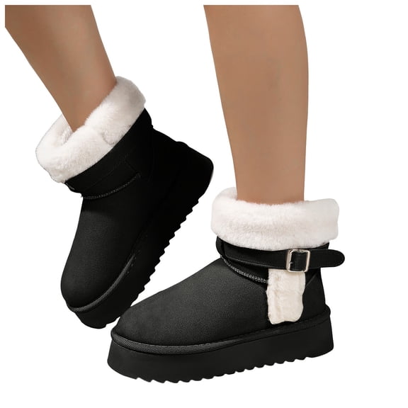 Rokment Platform Winter Snow Boots for Women Fuzzy Plush Lined Cold Weather Fashion Thermal Slip on Mid Calf Dress Ankle Booties Black Size 6