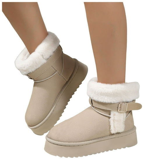 Rokment Platform Winter Snow Boots for Women Fuzzy Plush Lined Cold Weather Fashion Thermal Slip on Mid Calf Dress Ankle Booties Light Gray Size 6.5
