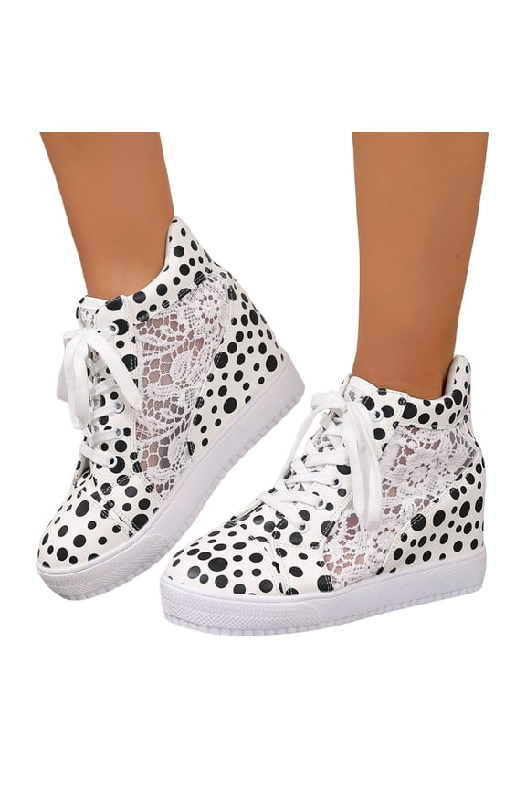 Polka Dot Platform Hidden Wedge High Top Fashion Sneakers for Women Fall Casual Leather Mesh Patchwork Lace up Height Increasing Chunky Heels Walking Shoes White Size 9