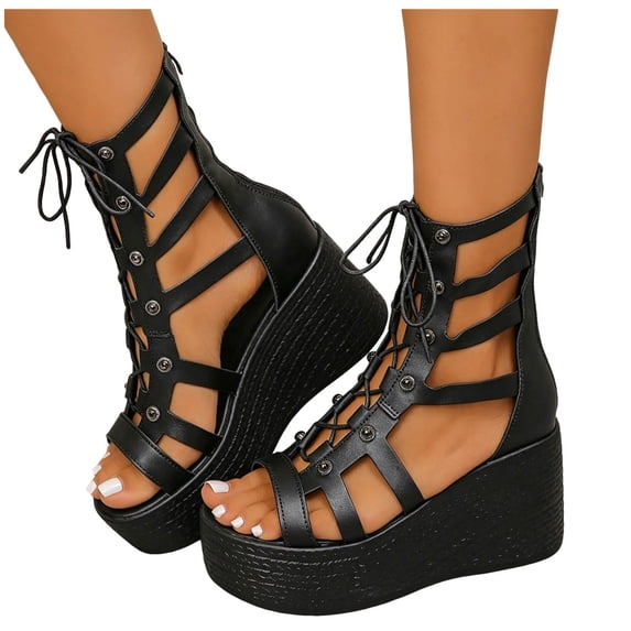 Rokment Punk Platform Gladiator Sandals for Women Trendy Casual Studded Hollow out Leather Chunky Wedge Heeled Dress Ankle Boots with Back Zip Summer