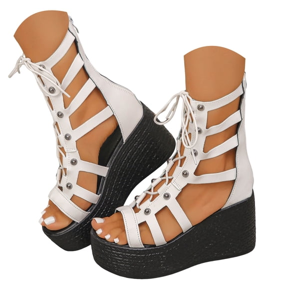Rokment Punk Platform Gladiator Sandals for Women Trendy Casual Studded Hollow out Leather Chunky Wedge Heeled Dress Ankle Boots with Back Zip Summer