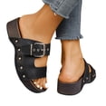 thumbnail image 1 of Rokment Punk Studded Buckles Platform Sandals for Women 2026 Beach Summer Fashion Casual Leather Faux Wooden Footbed Mid Heels Comfortable Walking Slip on Slides Black Size 6, 1 of 9