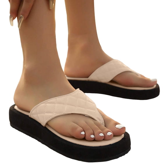 Rokment Quilted Platform Flip Flops for Woman 2026 Beach Summer Trendy Casual Leather Chunky Flat Dress Slip on Comfortable Walking Backless Sandals Beige Size 6