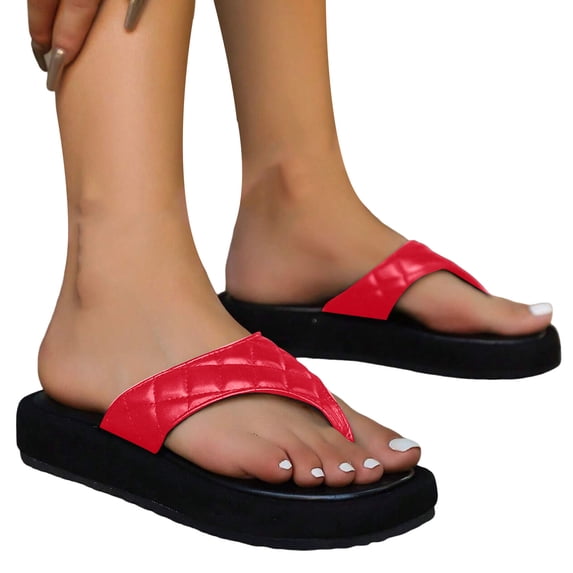 Rokment Quilted Platform Flip Flops for Woman 2026 Beach Summer Trendy Casual Leather Chunky Flat Dress Slip on Comfortable Walking Backless Sandals Red Size 6