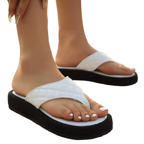Rokment Quilted Platform Flip Flops for Woman 2026 Beach Summer Trendy Casual Leather Chunky Flat Dress Slip on Comfortable Walking Backless Sandals White Size 8