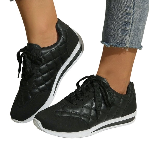 Rokment Quilted Retro Running Shoes for Women Retro Comfortable Casual Leather Suede Patchwork Platform Cushioned Low Top Fashion Sneakers Walking Tennis Flat
