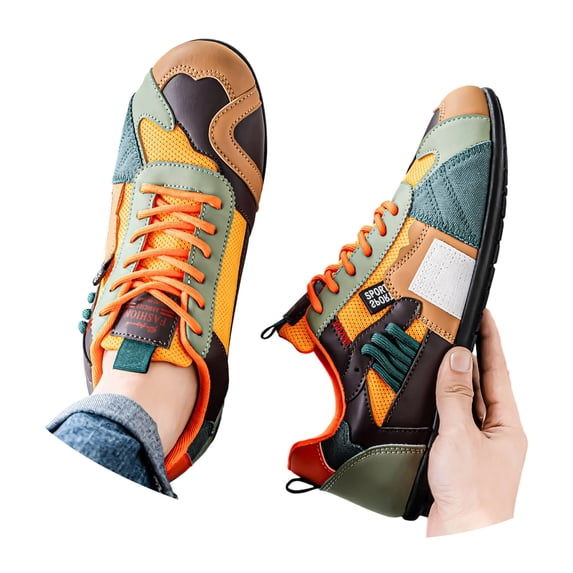Rokment Retro Color Block Low Top Fashion Sneakers for Men Casual Breathabe Mesh Leather Patchwork Lace up Walking Tennis Flat Skate Shoes Orange Size 9