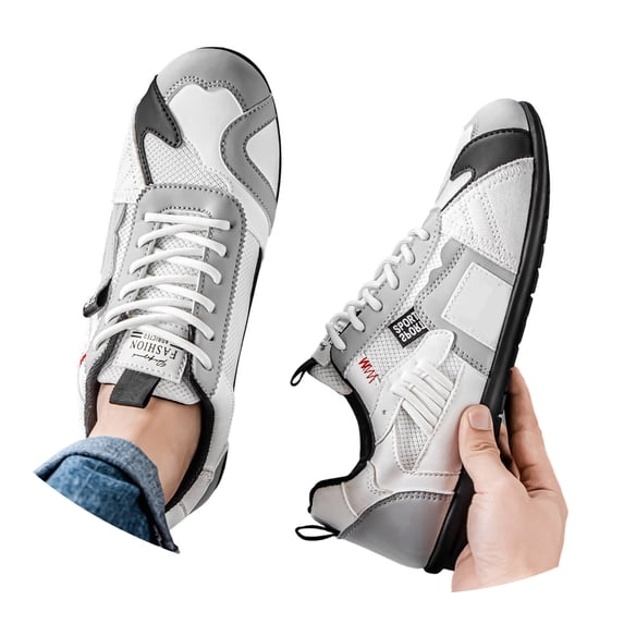 Rokment Retro Color Block Low Top Fashion Sneakers for Men Casual Breathabe Mesh Leather Patchwork Lace up Walking Tennis Flat Skate Shoes White Size 9