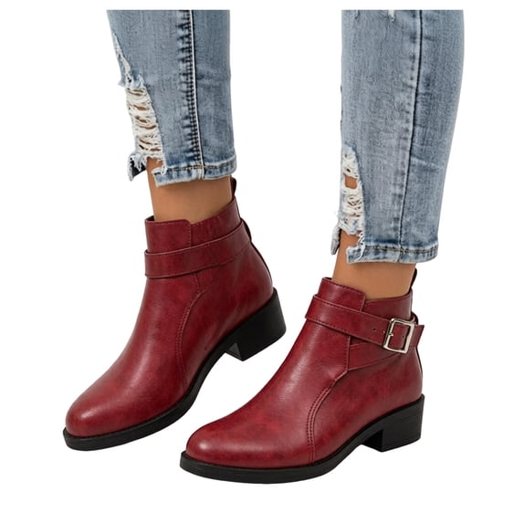 Rokment Retro Embossed Riding Ankle Boots for Women Casual Leather Buckles Platform Chunky Mid Heels Short Booties with Side Zipper Fall Winter