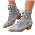 thumbnail image 1 of Rokment Retro Embroidered Dress Combat Boots for Women 2025 Fall Winter Vintage Pointed Toe Chunky Stackable Mid Heel Short Ankle Booties Light Blue Size 9.5, 1 of 8