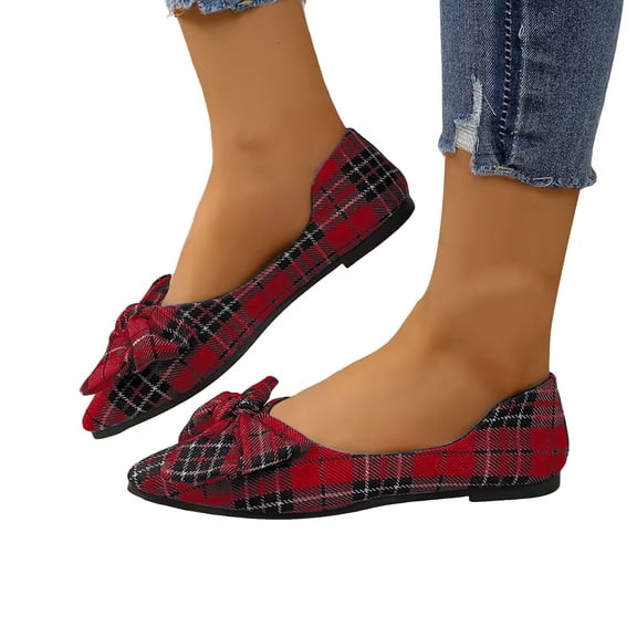 Rokment Retro Plaid Bow Ballet Flat Dress Shoes for Women Ladies 2026 Spring Fall Checkered Bowknot Pointed Toe Casual Dressy Loafers Bride Low Heels Slip-On Red Size 7