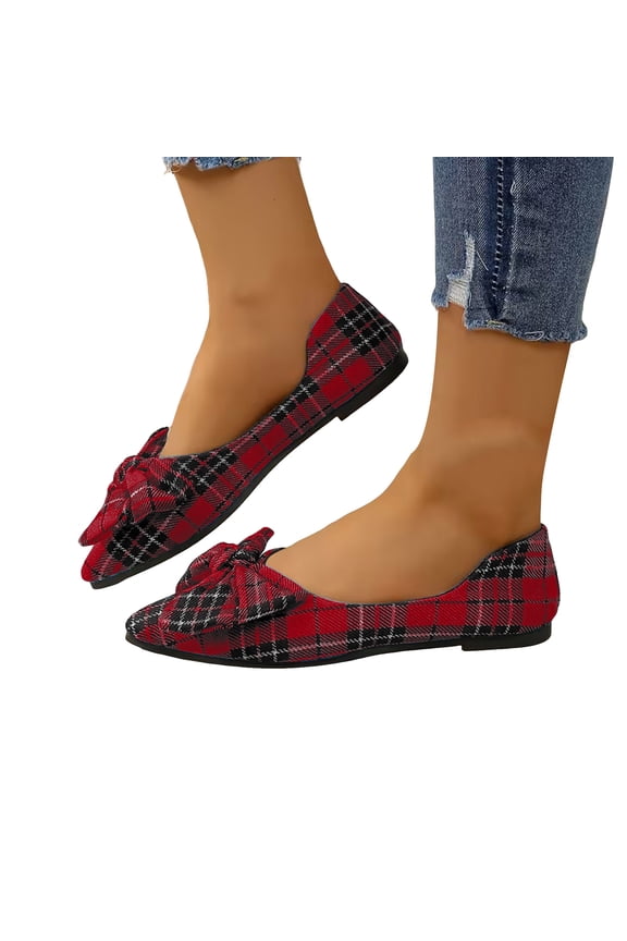Retro Plaid Bow Ballet Flat Dress Shoes for Women Ladies 2026 Spring Fall Checkered Bowknot Pointed Toe Casual Dressy Loafers Bride Low Heels Slip-On Red Size 6