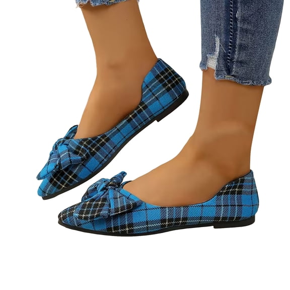 Rokment Retro Plaid Bow Ballet Flat Dress Shoes for Women Ladies 2026 Spring Fall Checkered Bowknot Pointed Toe Casual Dressy Loafers Bride Low Heels Slip-On Blue Size 7