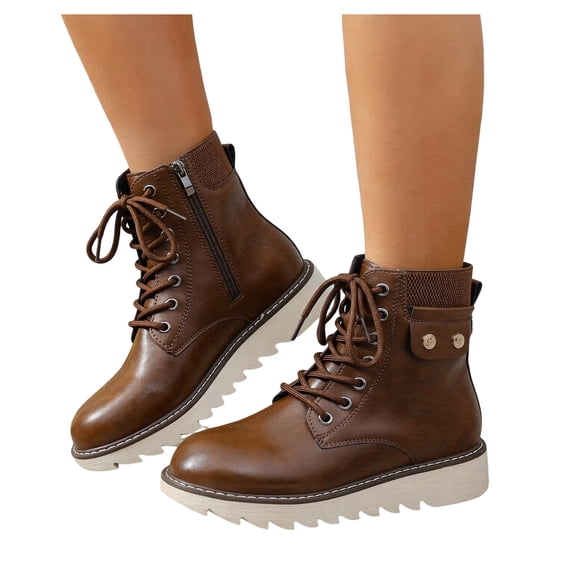Rokment Retro Platform Chunky Combat Boots for Women Casual Studded Leather Lace up Motorcycle Riding Ankle Booties with Side Zipper Fall Winter