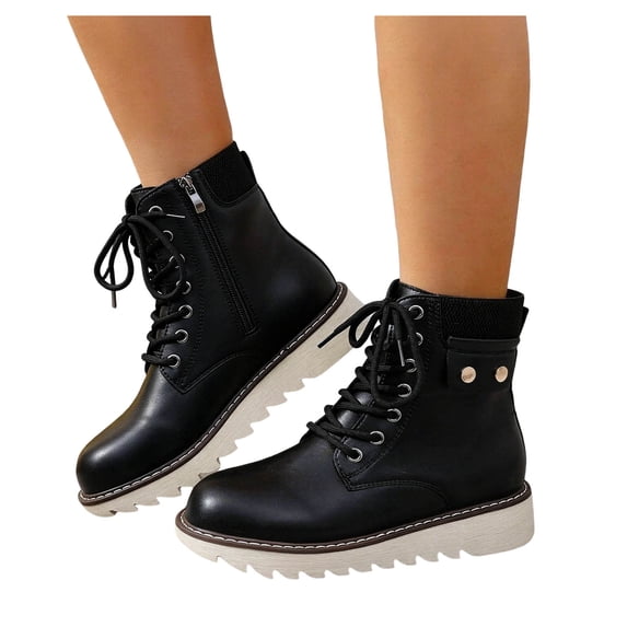 Rokment Retro Platform Chunky Combat Boots for Women Casual Studded Leather Lace up Motorcycle Riding Ankle Booties with Side Zipper Fall Winter