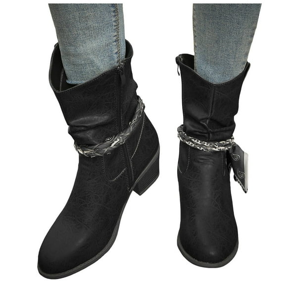 Rokment Retro Slouchy Wide Calf Dress Boots for Women 2025 Fashion Fall Winter Braided Boho Leather Chunky Block High Heel Mid Calf Riding Boots Black Size 6.5