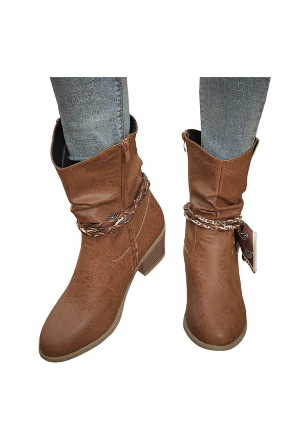 Retro Slouchy Wide Calf Dress Boots for Women 2025 Fashion Fall Winter Braided Boho Leather Chunky Block High Heel Mid Calf Riding Boots Brown Size 7